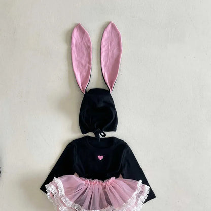 長袖ロンパース ハートアクセント長袖ロンパース+うさ耳ボンネット帽子セット【mh0011198】