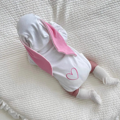 長袖ロンパース ハートアクセント長袖ロンパース+うさ耳ボンネット帽子セット【mh0011198】