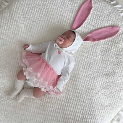 長袖ロンパース ハートアクセント長袖ロンパース+うさ耳ボンネット帽子セット【mh0011198】