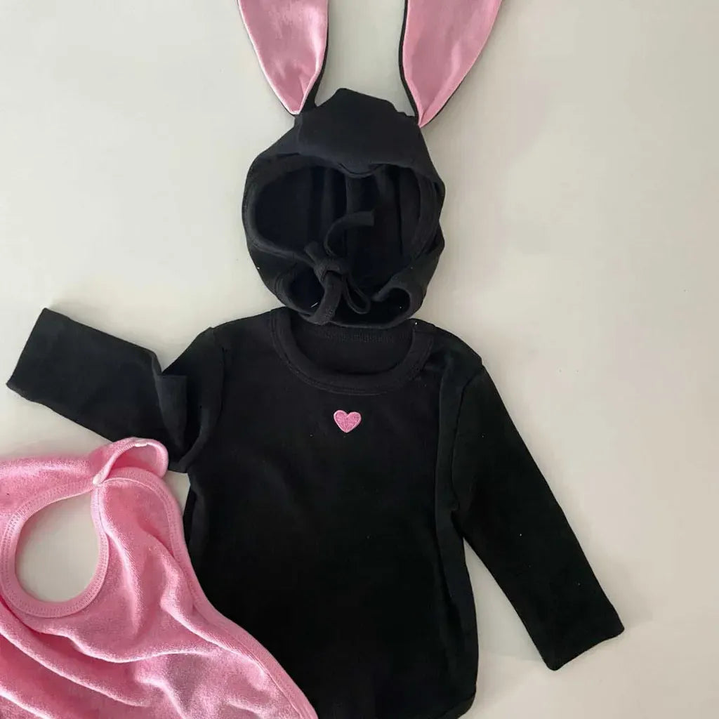 長袖ロンパース ハートアクセント長袖ロンパース+うさ耳ボンネット帽子セット【mh0011198】