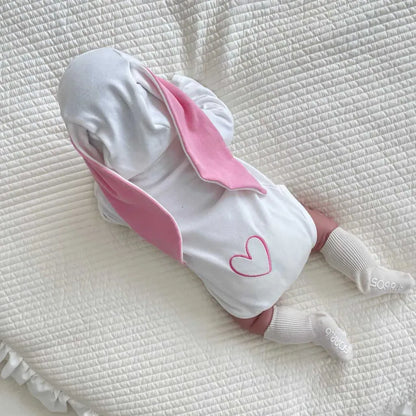 長袖ロンパース ハートアクセント長袖ロンパース+うさ耳ボンネット帽子セット【mh0011198】