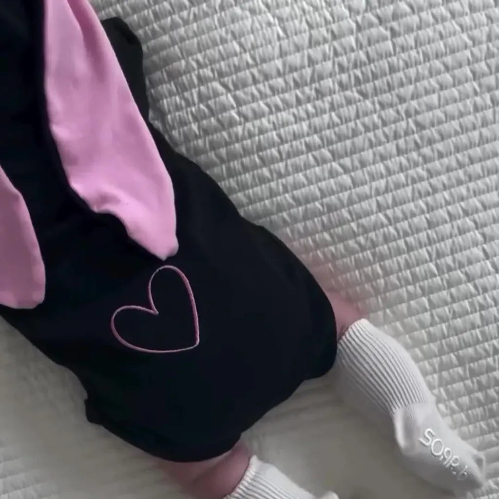 長袖ロンパース ハートアクセント長袖ロンパース+うさ耳ボンネット帽子セット【mh0011198】