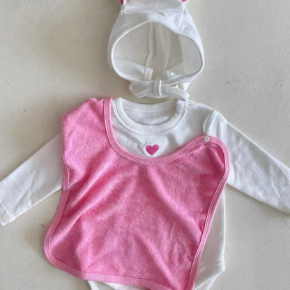 長袖ロンパース ハートアクセント長袖ロンパース+うさ耳ボンネット帽子セット【mh0011198】