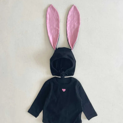 長袖ロンパース ハートアクセント長袖ロンパース+うさ耳ボンネット帽子セット【mh0011198】