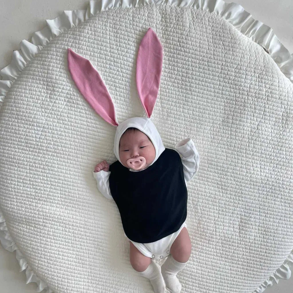 長袖ロンパース ハートアクセント長袖ロンパース+うさ耳ボンネット帽子セット【mh0011198】