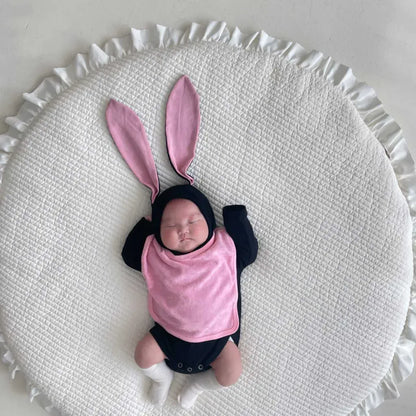 長袖ロンパース ハートアクセント長袖ロンパース+うさ耳ボンネット帽子セット【mh0011198】