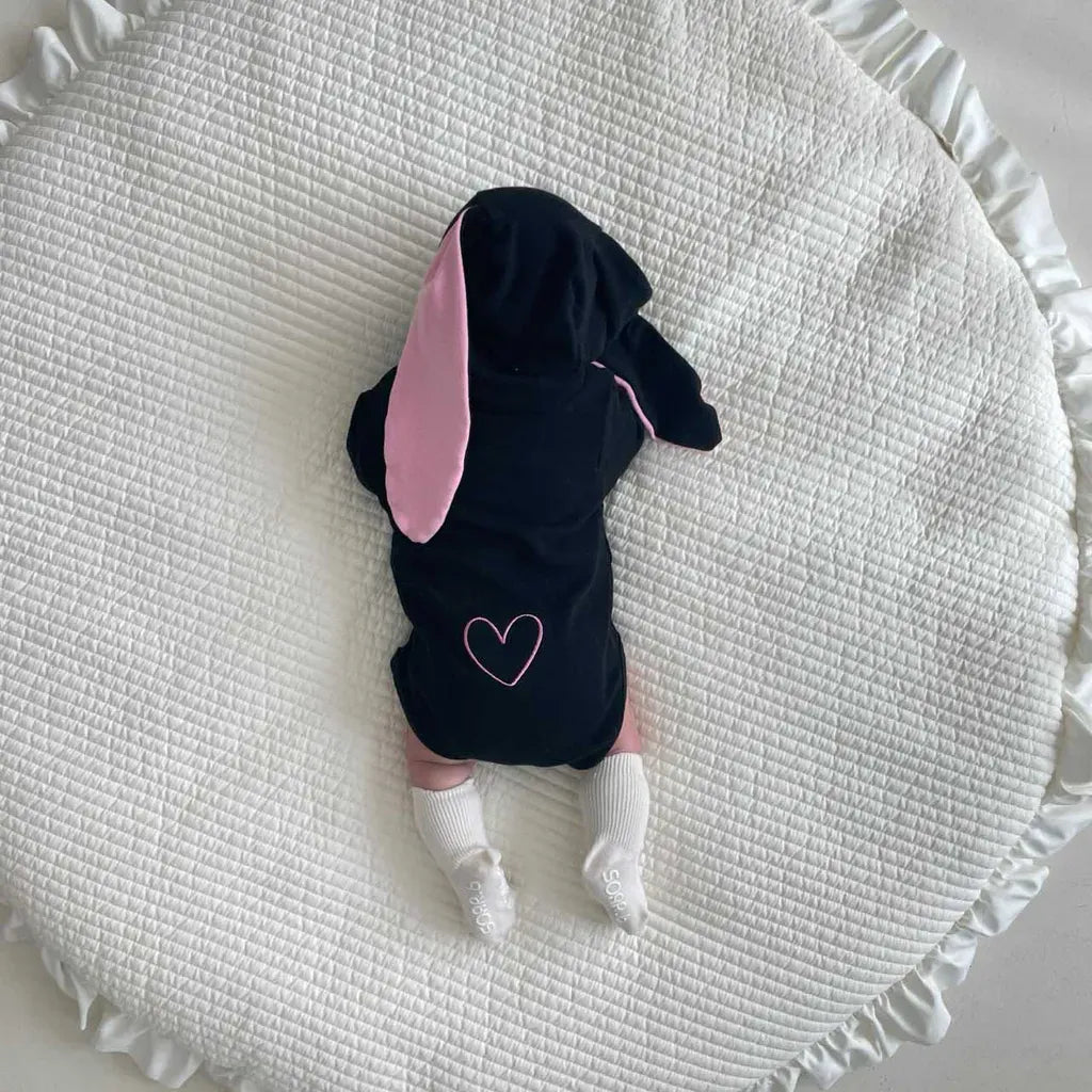 長袖ロンパース ハートアクセント長袖ロンパース+うさ耳ボンネット帽子セット【mh0011198】