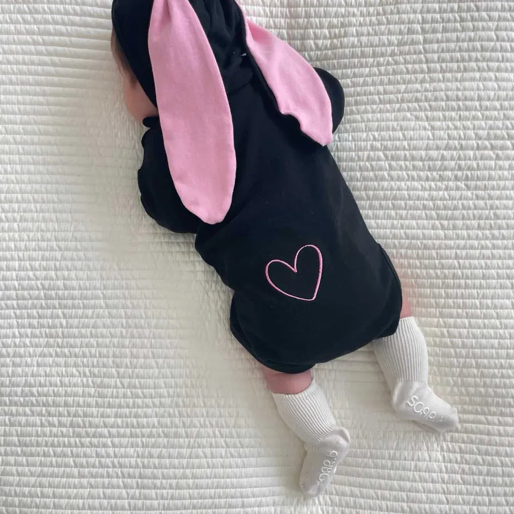 長袖ロンパース ハートアクセント長袖ロンパース+うさ耳ボンネット帽子セット【mh0011198】