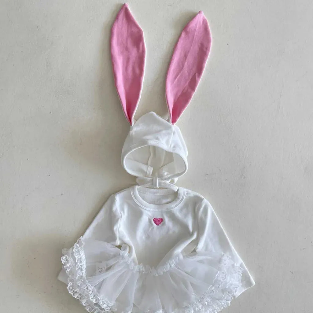 長袖ロンパース ハートアクセント長袖ロンパース+うさ耳ボンネット帽子セット【mh0011198】