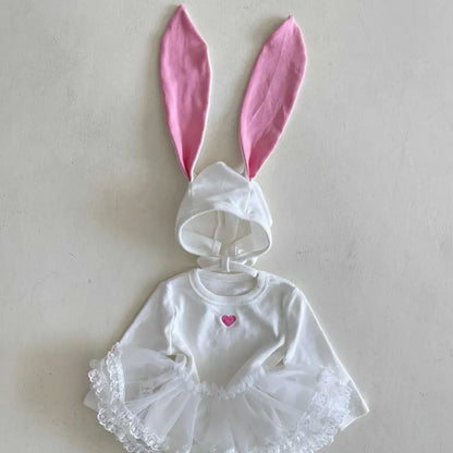 長袖ロンパース ハートアクセント長袖ロンパース+うさ耳ボンネット帽子セット【mh0011198】