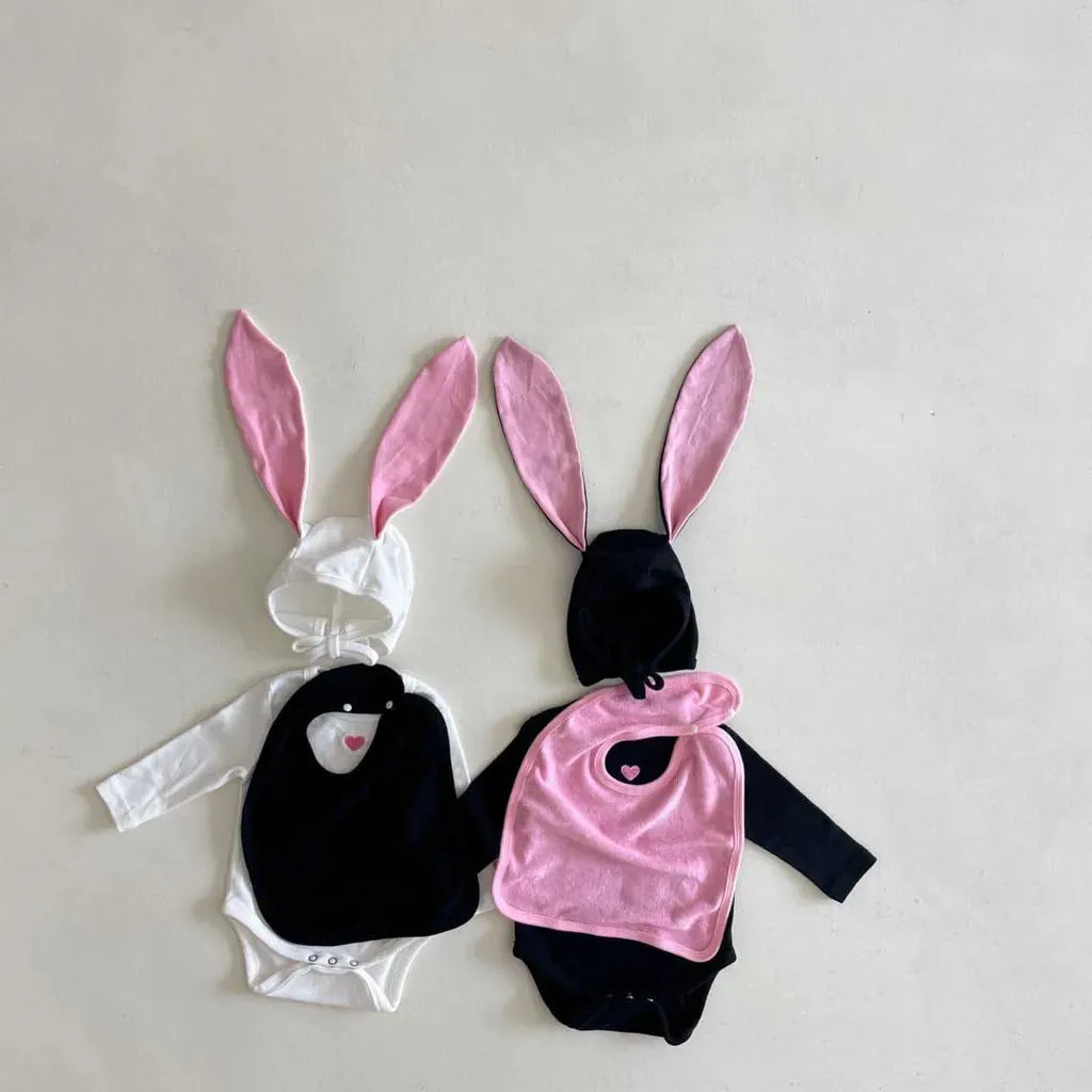 長袖ロンパース ハートアクセント長袖ロンパース+うさ耳ボンネット帽子セット【mh0011198】