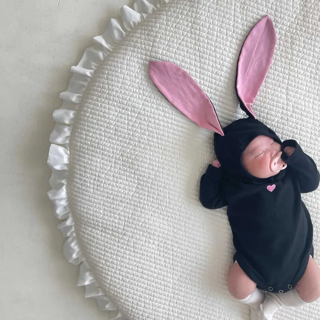 長袖ロンパース ハートアクセント長袖ロンパース+うさ耳ボンネット帽子セット【mh0011198】