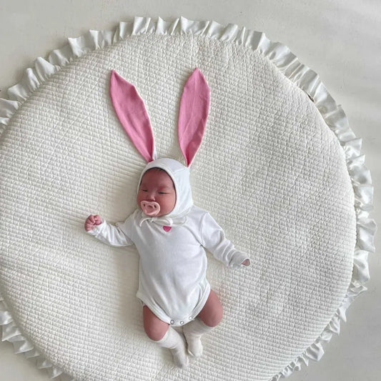 長袖ロンパース ハートアクセント長袖ロンパース+うさ耳ボンネット帽子セット【mh0011198】