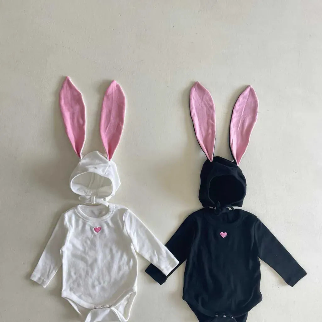 長袖ロンパース ハートアクセント長袖ロンパース+うさ耳ボンネット帽子セット【mh0011198】