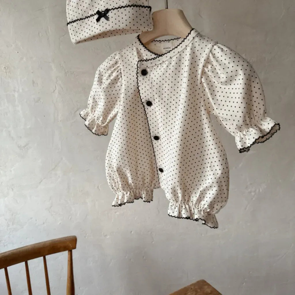 長袖ロンパース ドットフリル長袖ロンパース+帽子セット【mh0011202】