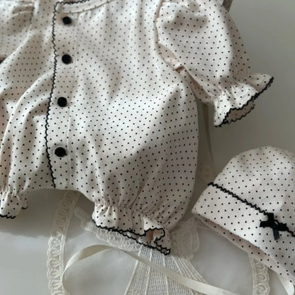 長袖ロンパース ドットフリル長袖ロンパース+帽子セット【mh0011202】