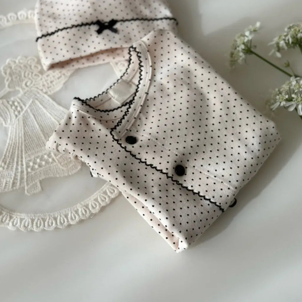 長袖ロンパース ドットフリル長袖ロンパース+帽子セット【mh0011202】