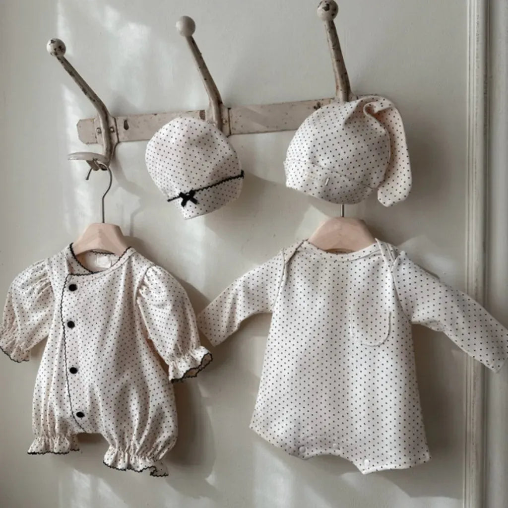 長袖ロンパース ドットフリル長袖ロンパース+帽子セット【mh0011202】