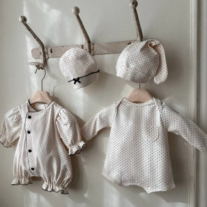 長袖ロンパース ドットフリル長袖ロンパース+帽子セット【mh0011202】
