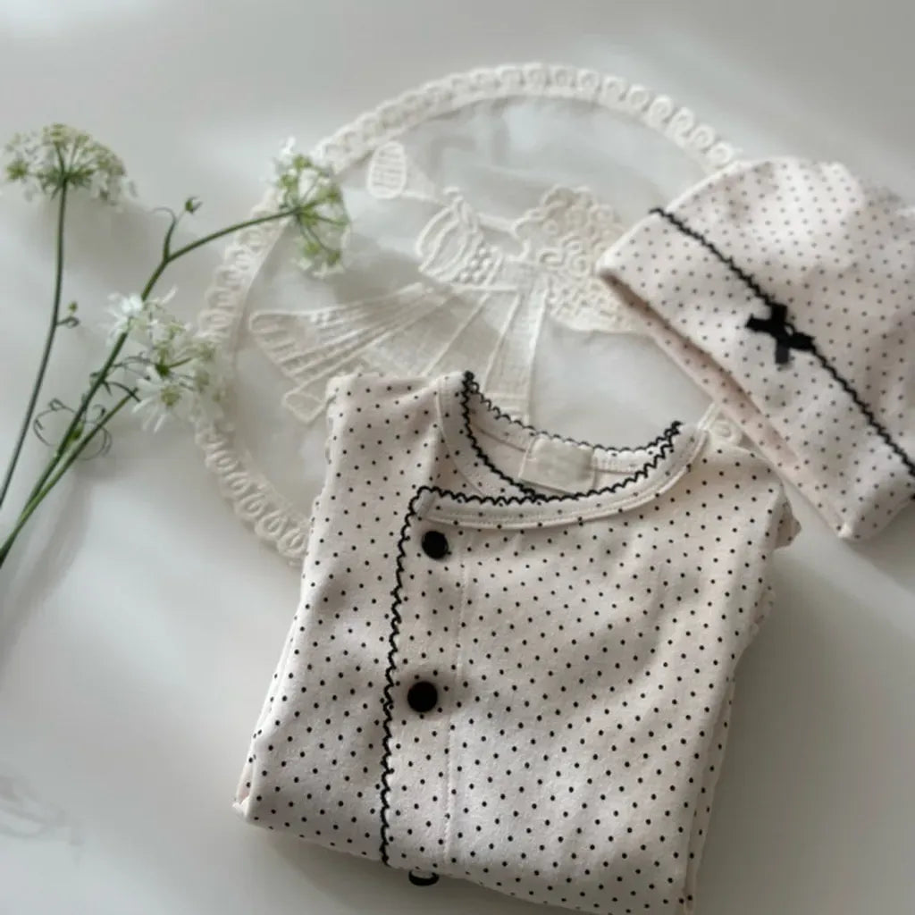 長袖ロンパース ドットフリル長袖ロンパース+帽子セット【mh0011202】