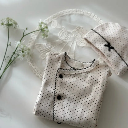 長袖ロンパース ドットフリル長袖ロンパース+帽子セット【mh0011202】