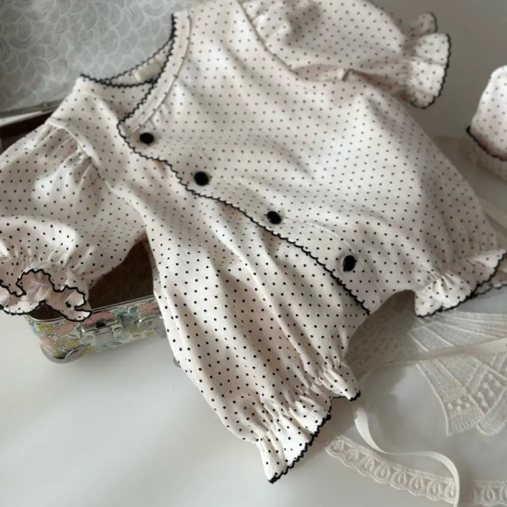 長袖ロンパース ドットフリル長袖ロンパース+帽子セット【mh0011202】