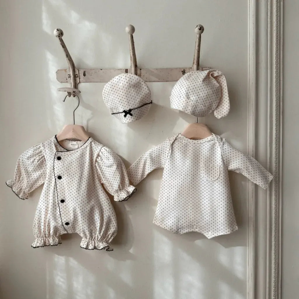 長袖ロンパース ドットフリル長袖ロンパース+帽子セット【mh0011202】