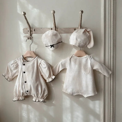 長袖ロンパース ドットフリル長袖ロンパース+帽子セット【mh0011202】