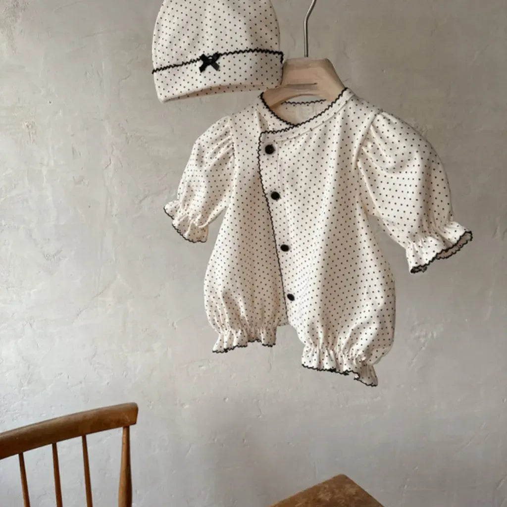 長袖ロンパース ドットフリル長袖ロンパース+帽子セット【mh0011202】