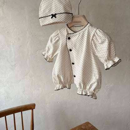 長袖ロンパース ドットフリル長袖ロンパース+帽子セット【mh0011202】