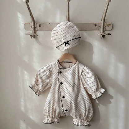 長袖ロンパース ドットフリル長袖ロンパース+帽子セット【mh0011202】