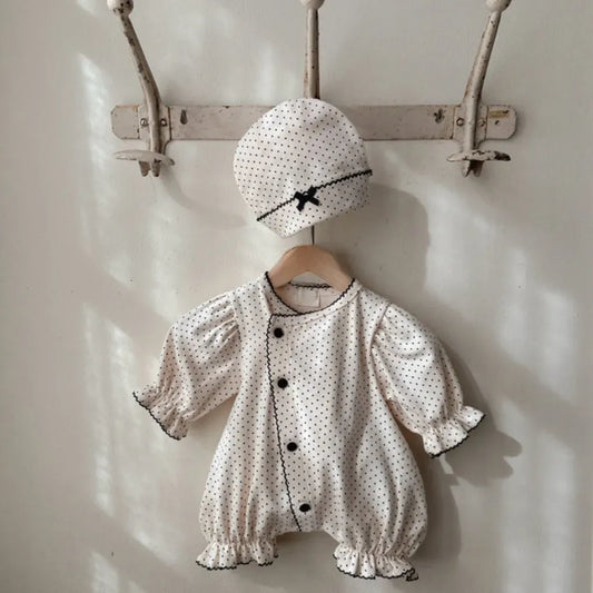 長袖ロンパース ドットフリル長袖ロンパース+帽子セット【mh0011202】