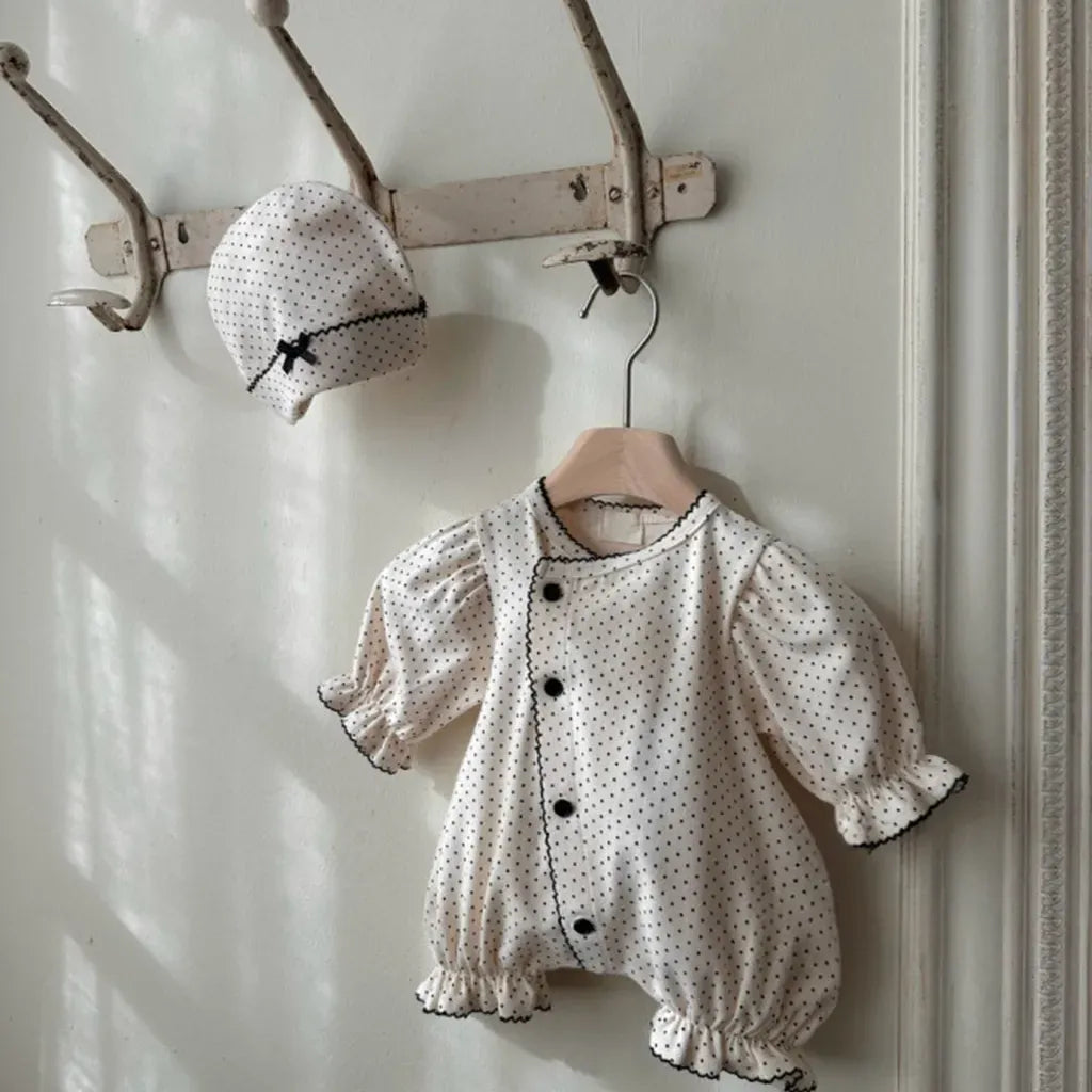 長袖ロンパース ドットフリル長袖ロンパース+帽子セット【mh0011202】