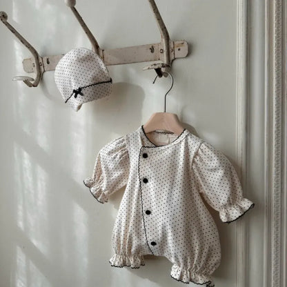 長袖ロンパース ドットフリル長袖ロンパース+帽子セット【mh0011202】