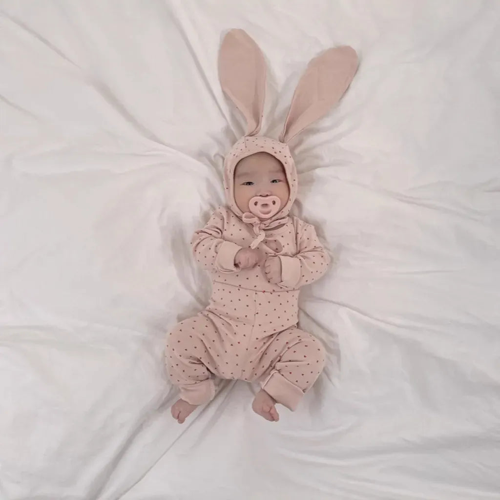 長袖セットアップ Pink / 73cm ハートプリントトップス+レギンスセット うさ耳帽子 3点セット【mh0011177】