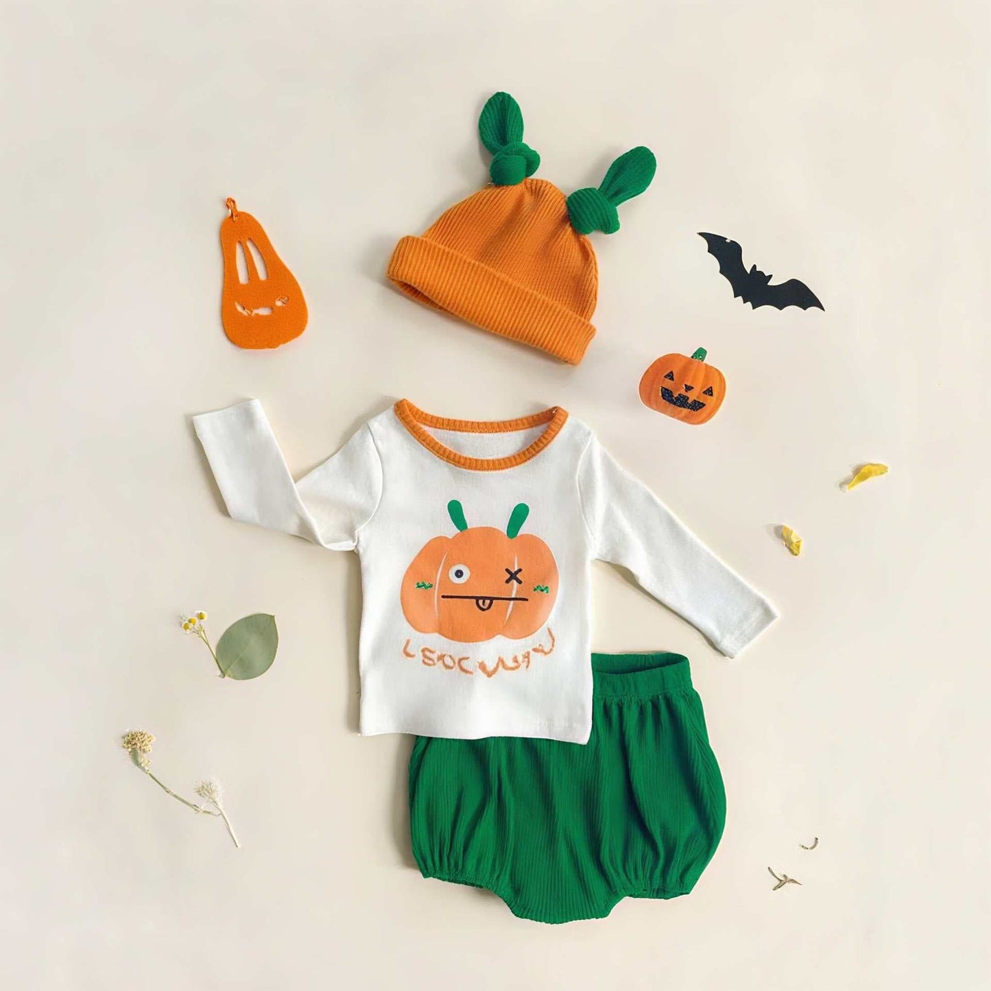 長袖セットアップ Pumpkin 3-piece set / 73cm ハロウィン長袖Tシャツ+カボチャパンツ+帽子セットアップ 3点セット【mh0011187】