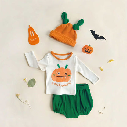 長袖セットアップ Pumpkin 3-piece set / 73cm ハロウィン長袖Tシャツ+カボチャパンツ+帽子セットアップ 3点セット【mh0011187】