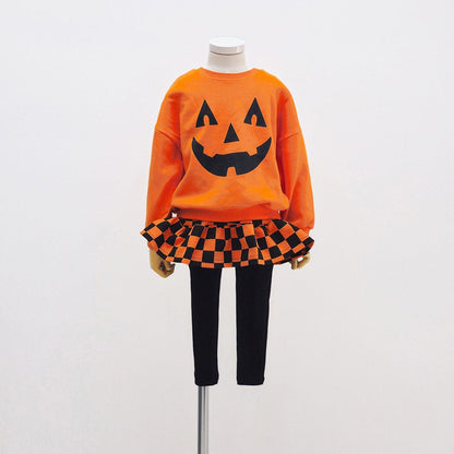 長袖セットアップ Skirt Set / 80cm ハロウィンかぼちゃチェッカーボーイズ/ガールズセットアップ 2点セット【mh0011182】