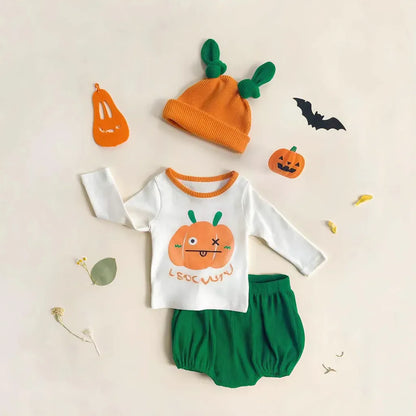 長袖セットアップ ハロウィン長袖Tシャツ+カボチャパンツ+帽子セットアップ 3点セット【mh0011187】