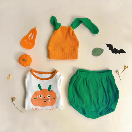 長袖セットアップ ハロウィン長袖Tシャツ+カボチャパンツ+帽子セットアップ 3点セット【mh0011187】