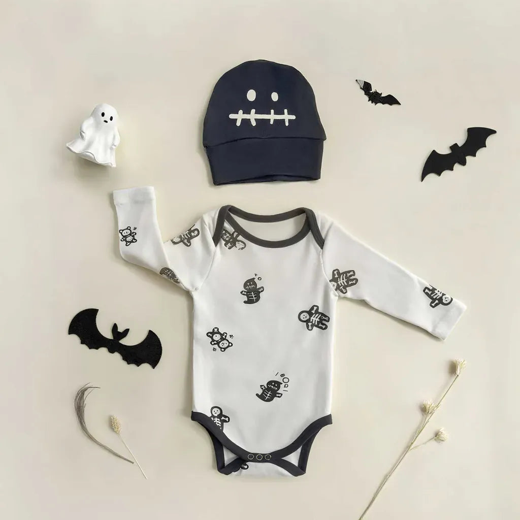 長袖ロンパース ハロウィンスケルトンプリントTシャツ+レギンスセット/ロンパース+ニット帽セット【mh0011188】