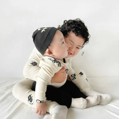 長袖ロンパース ハロウィンスケルトンプリントTシャツ+レギンスセット/ロンパース+ニット帽セット【mh0011188】