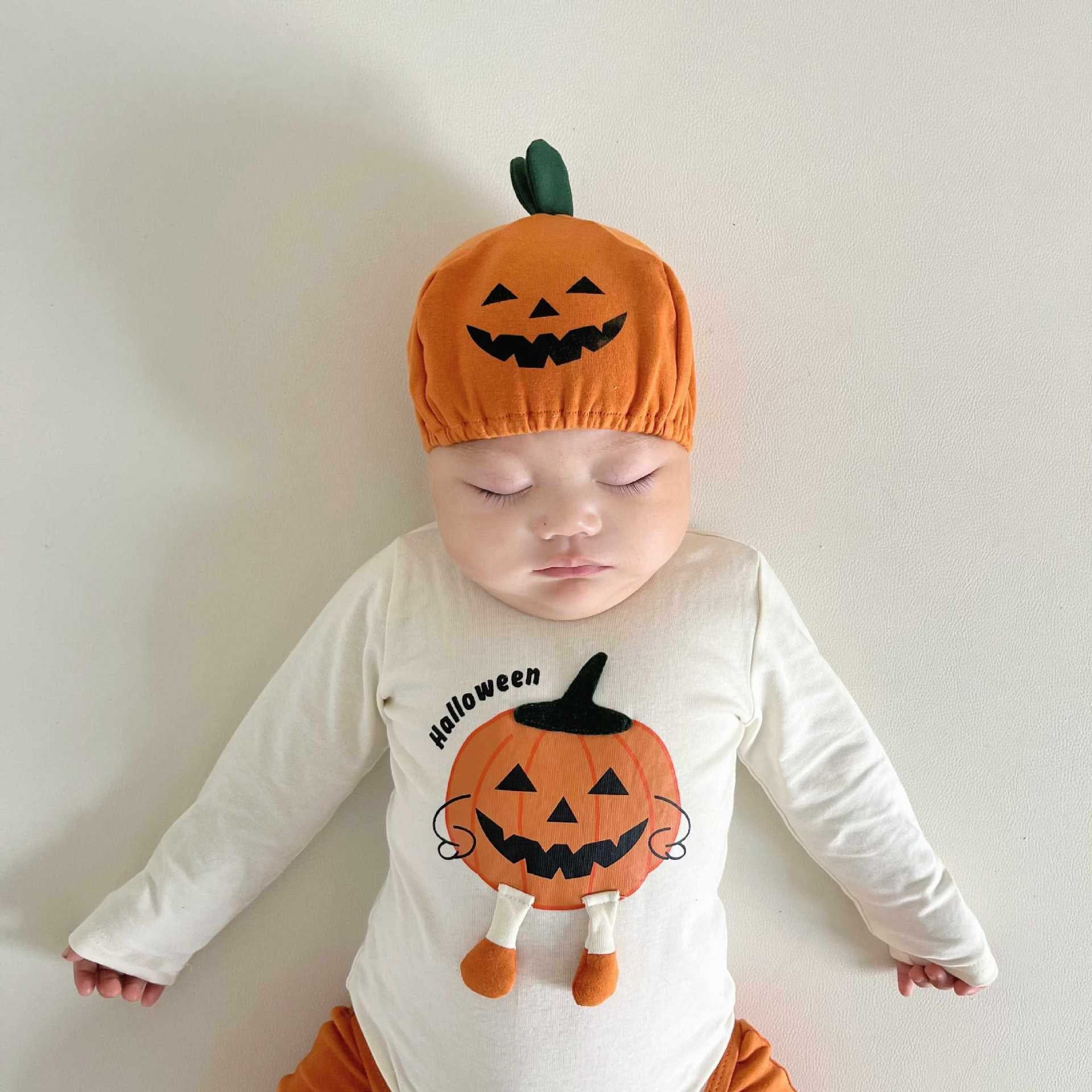 長袖ロンパース White / 66cm ハロウィンコスチューム🎃👻 長袖パンプキンロンパース+帽子セット/レギンスパンツ【mh0010559】