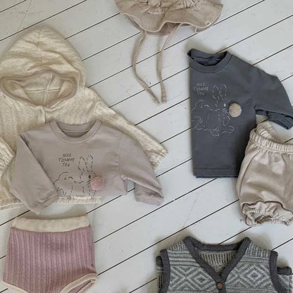 長袖Tシャツ ぽんぽん付きうさぎプリント長袖スウェットシャツ【mh0011197】