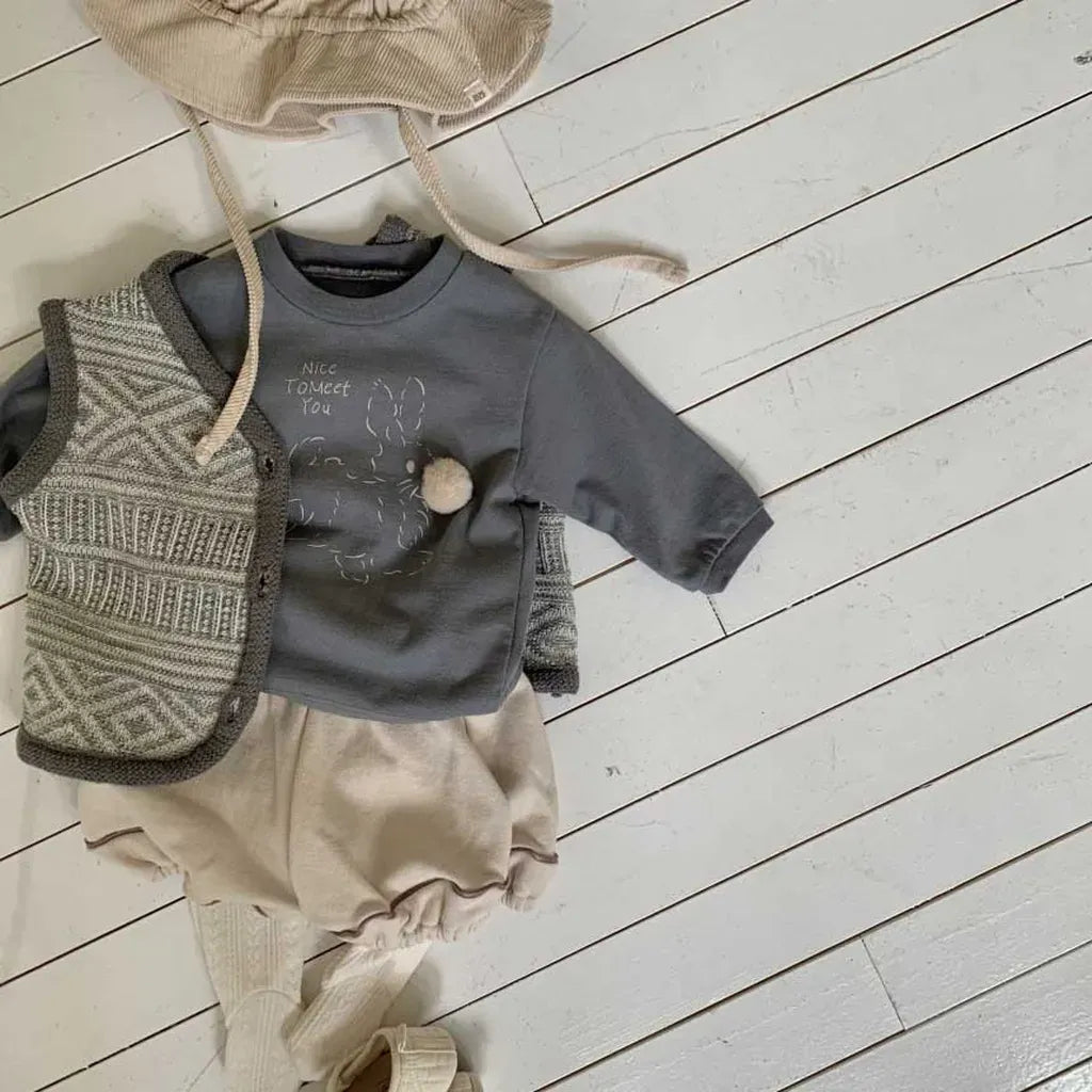 長袖Tシャツ ぽんぽん付きうさぎプリント長袖スウェットシャツ【mh0011197】