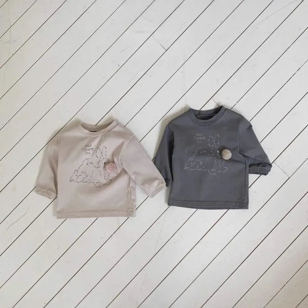 長袖Tシャツ ぽんぽん付きうさぎプリント長袖スウェットシャツ【mh0011197】