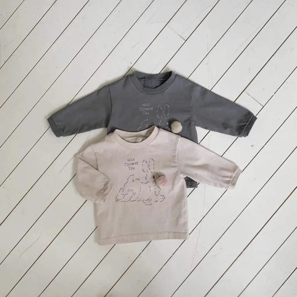 長袖Tシャツ ぽんぽん付きうさぎプリント長袖スウェットシャツ【mh0011197】