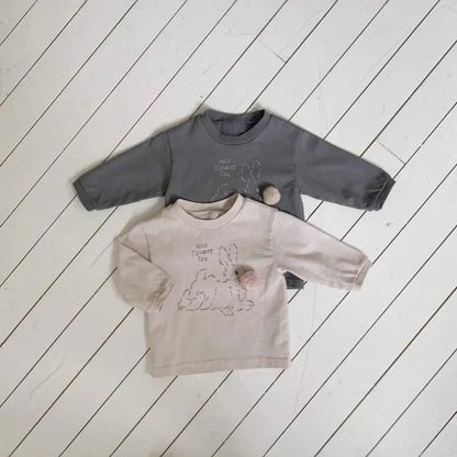 長袖Tシャツ ぽんぽん付きうさぎプリント長袖スウェットシャツ【mh0011197】