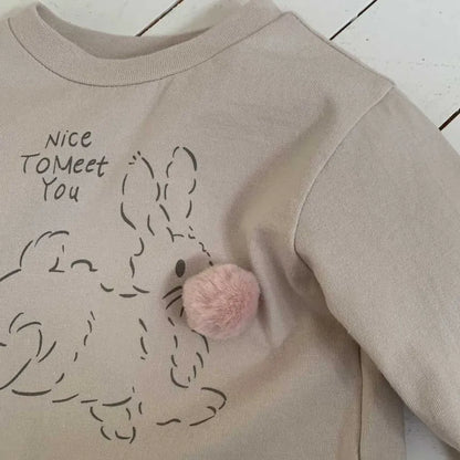 長袖Tシャツ ぽんぽん付きうさぎプリント長袖スウェットシャツ【mh0011197】