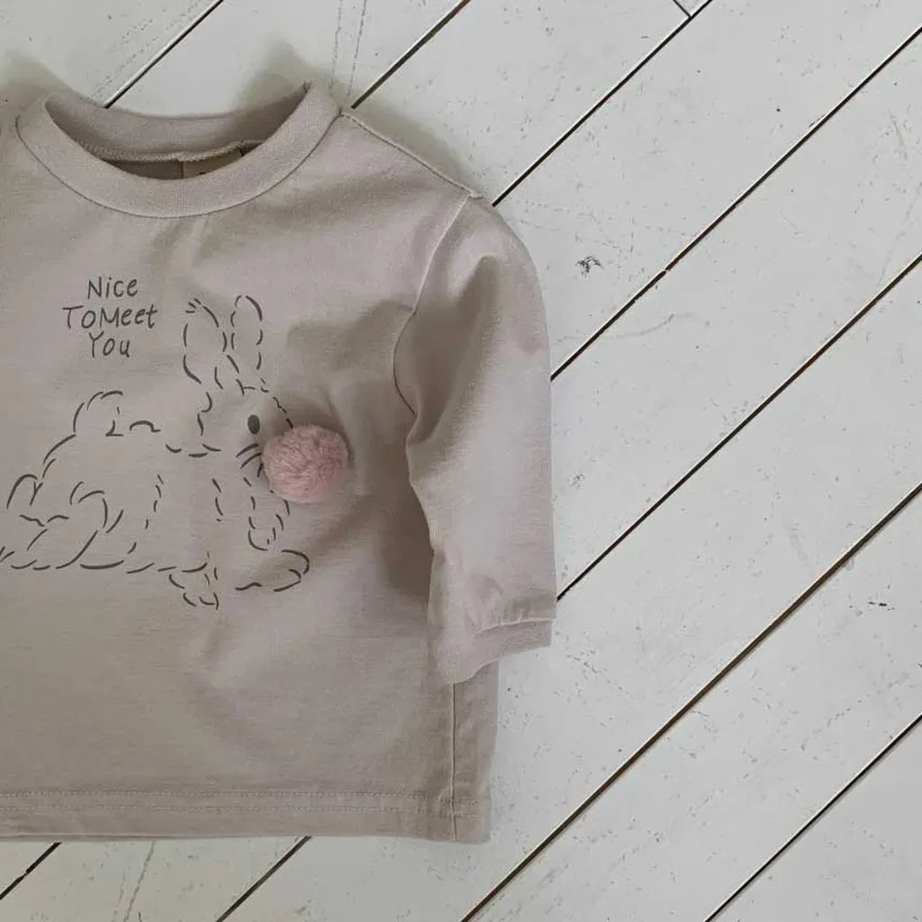 長袖Tシャツ ぽんぽん付きうさぎプリント長袖スウェットシャツ【mh0011197】